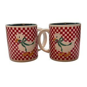 Set Of 2 K.I.C. Goose Duck Checkerboard Coffee Mugs Whimsical Farmhouse Design